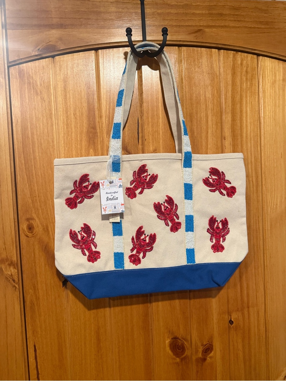 Nautical Lobster Beaded Tote Bag | Coastal Summer Beach Bag | Handmade India